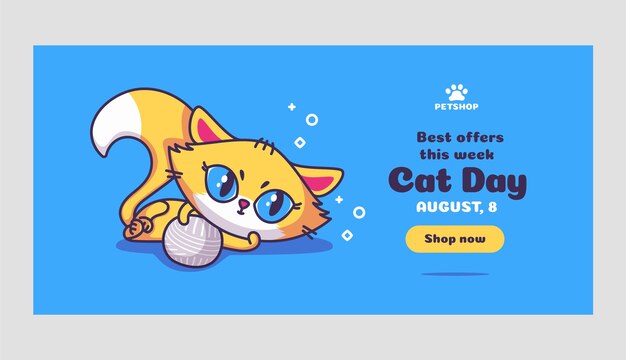 Flat international cat day horizontal banner template with cat and yarn