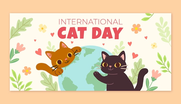 Flat international cat day horizontal banner template with cats and planet