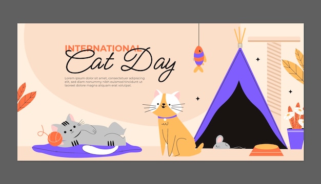 Flat international cat day horizontal banner template with cats and tent