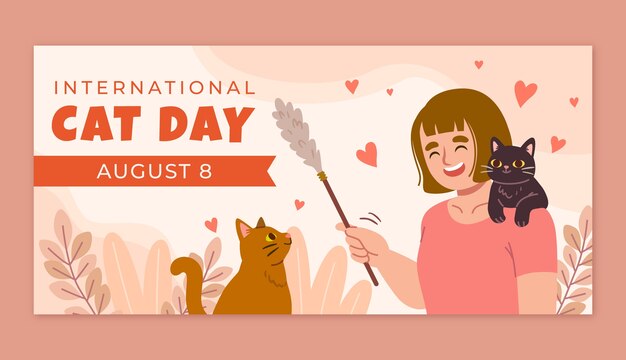 Flat international cat day horizontal banner template with woman and cats