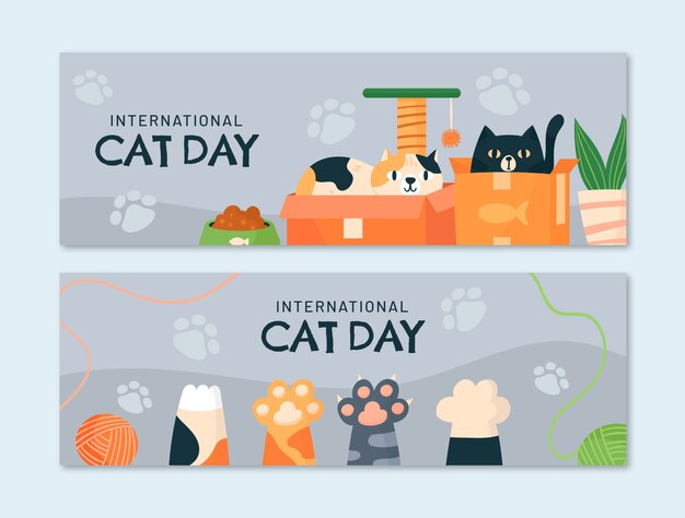 Flat international cat day horizontal banner template