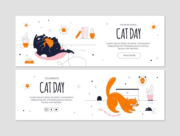 Free Vector flat international cat day horizontal banners collection with cats