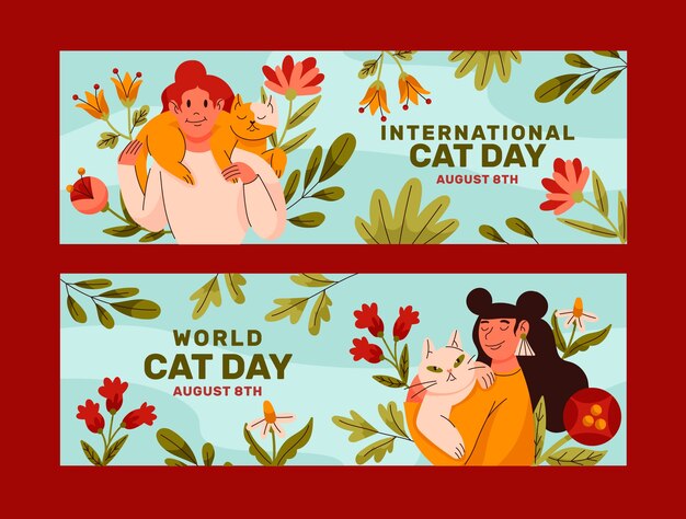 Flat international cat day horizontal banners set with cat owners and flowers