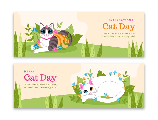 Free Vector flat international cat day horizontal banners set with cats in the grass