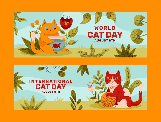 Free Vector flat international cat day horizontal banners set with cats and leaves