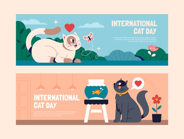 Flat international cat day horizontal banners set with cats