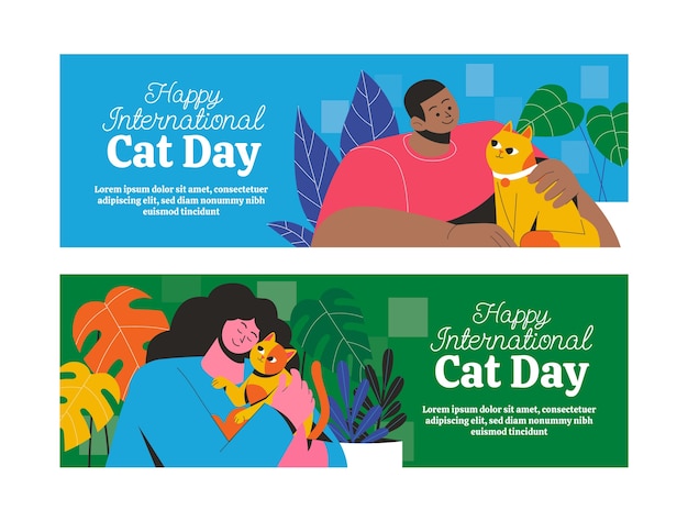 Free Vector flat international cat day horizontal banners set with people and their cat