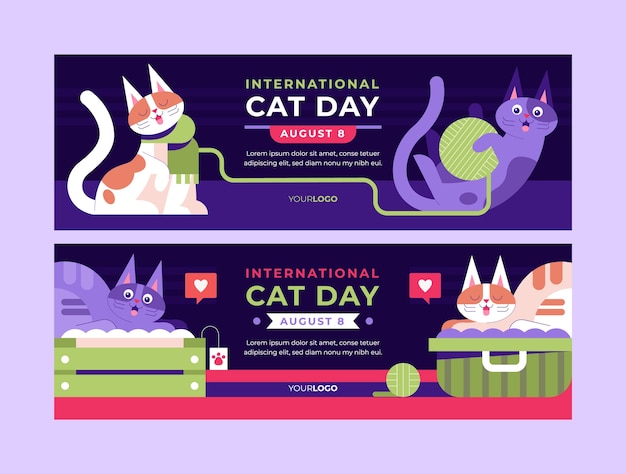 Free Vector flat international cat day horizontal banners set