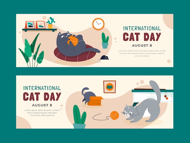 Free Vector flat international cat day horizontal banners set