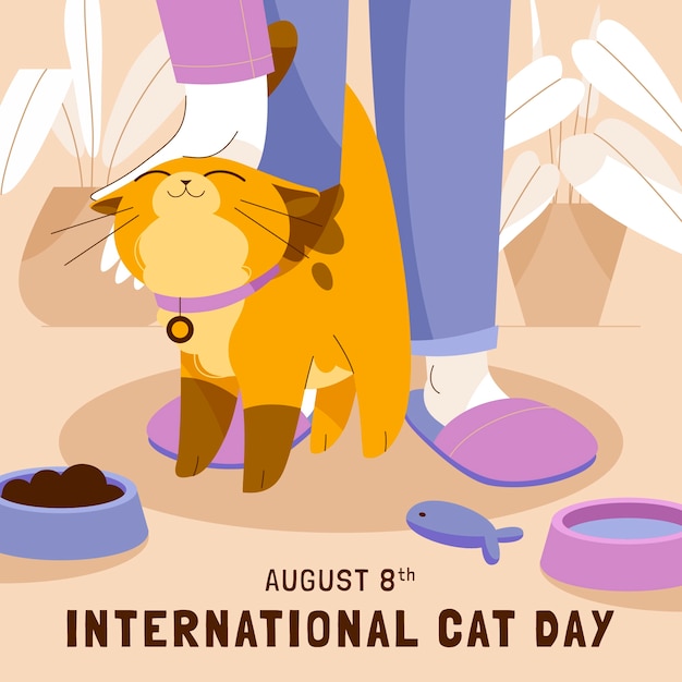 Free Vector flat international cat day illustration with cat around owner legs