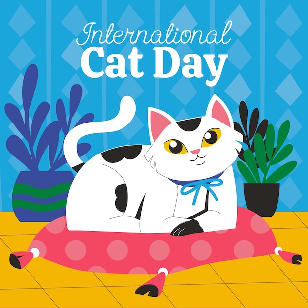 Free Vector flat international cat day illustration with cat in bed