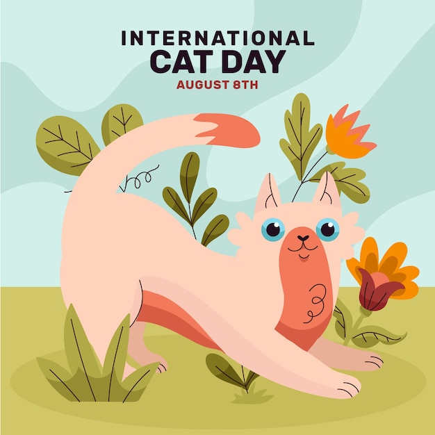 Flat international cat day illustration with cat and vegetation