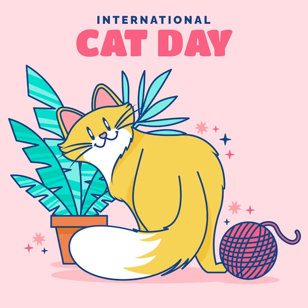 Flat international cat day illustration with cat and yarn