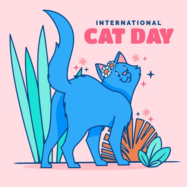 Flat international cat day illustration with cat