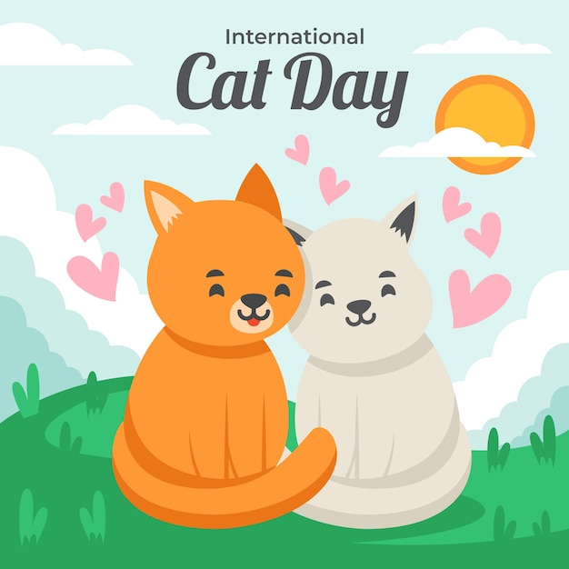 Flat international cat day illustration with cats in love