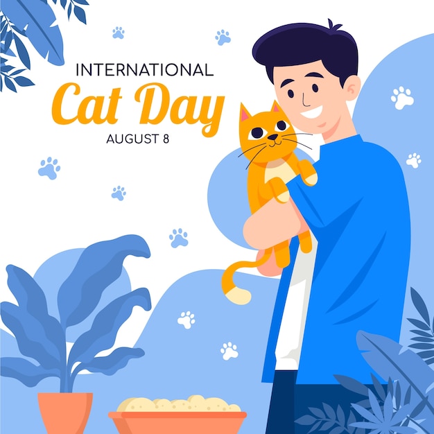 Flat international cat day illustration with man holding cat