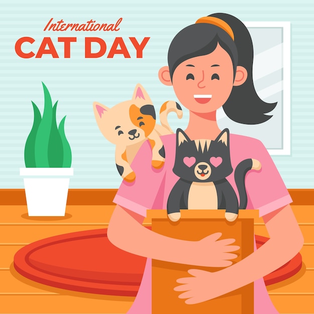 Flat international cat day illustration with woman and cats