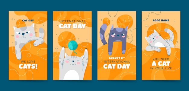 Free Vector flat international cat day instagram stories collection