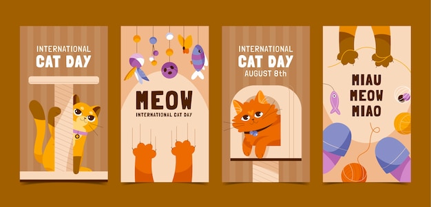 Free Vector flat international cat day instagram stories collection