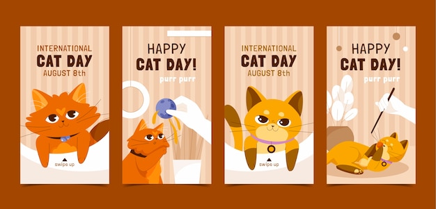 Free Vector flat international cat day instagram stories collection