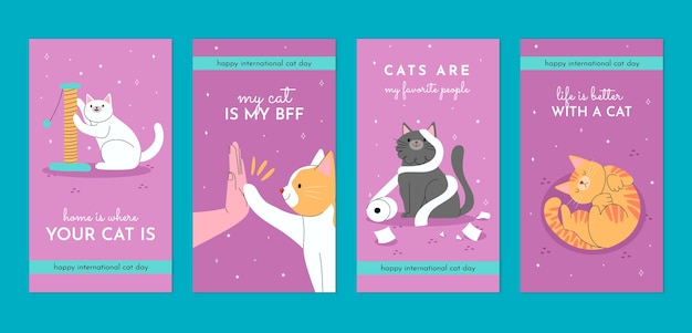 Free Vector flat international cat day instagram stories collection