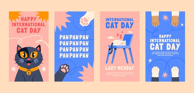 Flat international cat day instagram stories collection