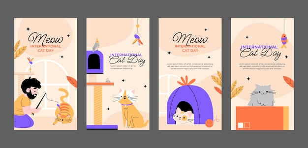 Free Vector flat international cat day instagram stories collection