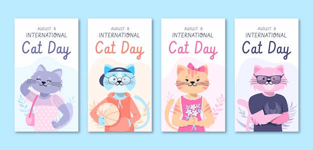 Free Vector flat international cat day instagram stories collection