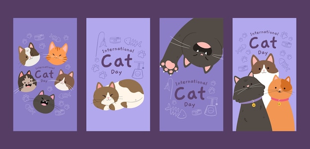 Free Vector flat international cat day instagram stories collection