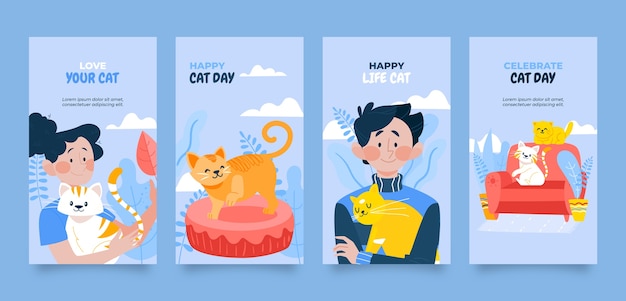 Free Vector flat international cat day instagram stories collection