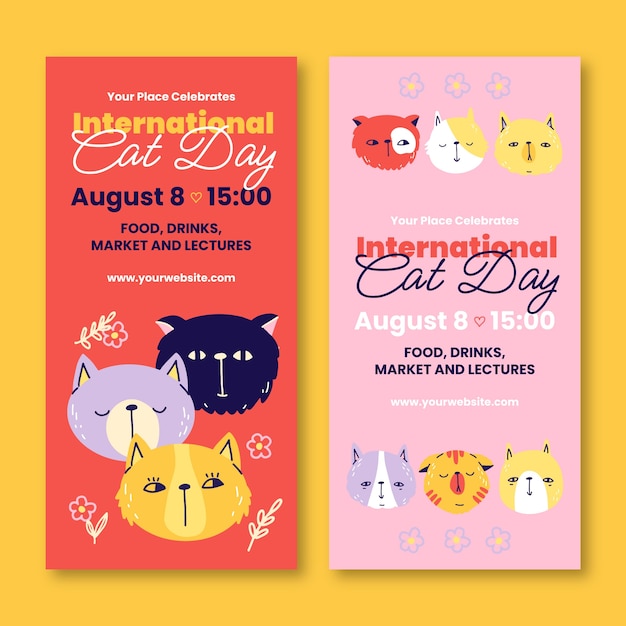 Flat international cat day vertical banners set with cat heads