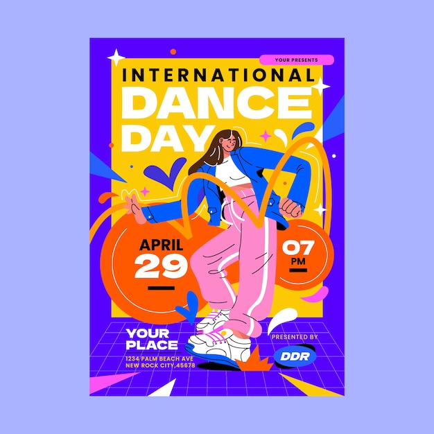 Flat international dance day vertical poster template