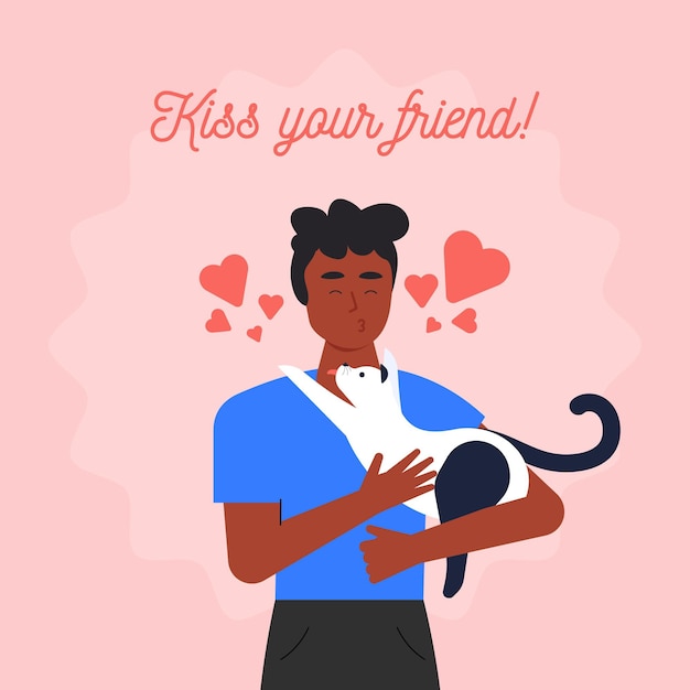 Flat international kissing day illustration with man and cat