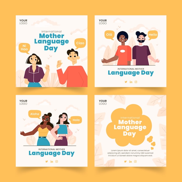 Flat international mother language day social media posts collection