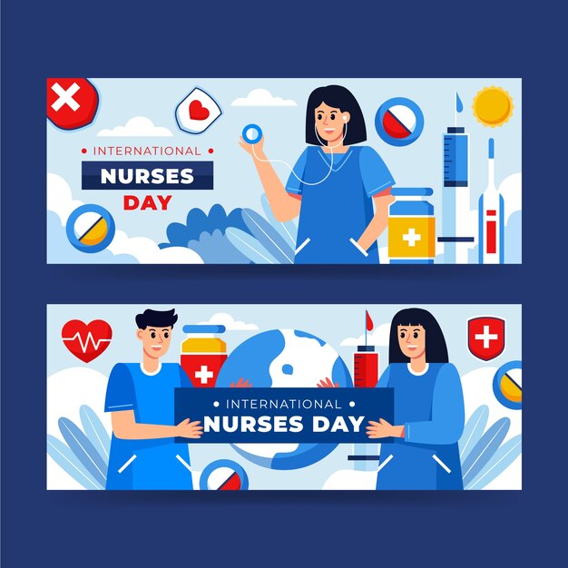 Flat international nurses day horizontal banners pack