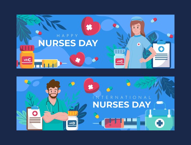 Flat international nurses day horizontal banners pack