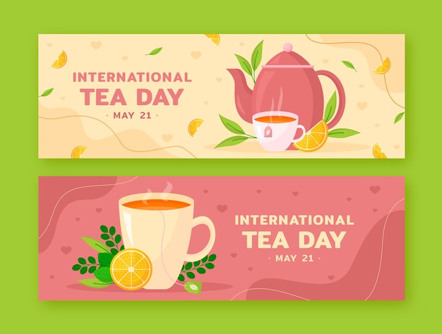 Flat international tea day horizontal banners pack