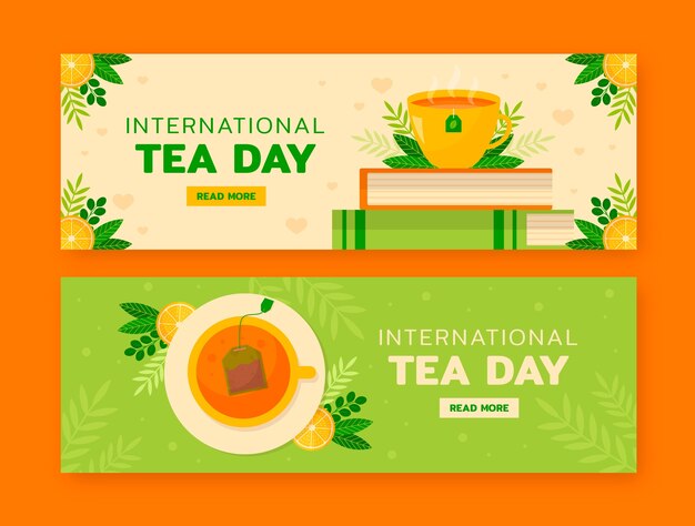 Flat international tea day horizontal banners pack