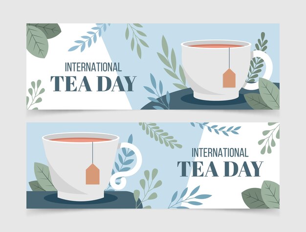 Flat international tea day horizontal banners pack