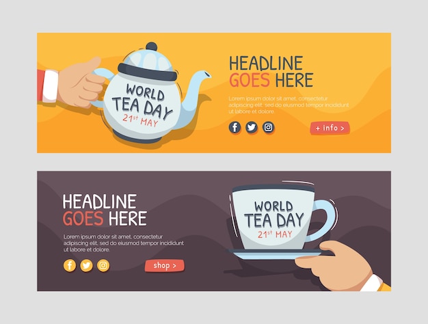 Flat international tea day horizontal banners pack