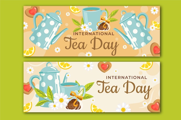 Flat international tea day horizontal banners pack