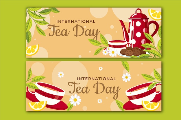 Flat international tea day horizontal banners pack