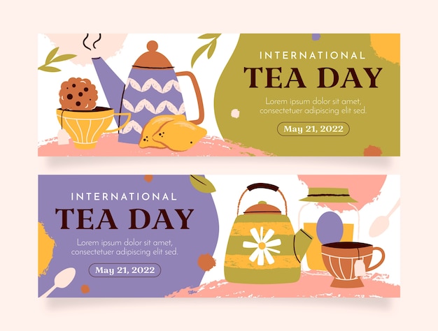 Flat international tea day horizontal banners pack