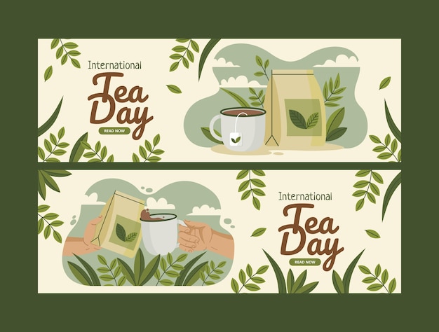 Flat international tea day horizontal banners pack