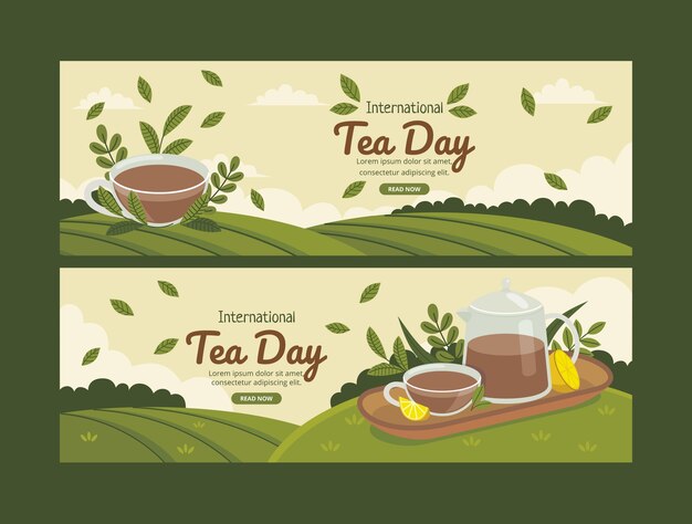 Flat international tea day horizontal banners pack