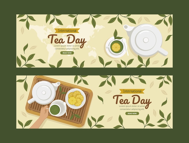 Free Vector flat international tea day horizontal banners pack