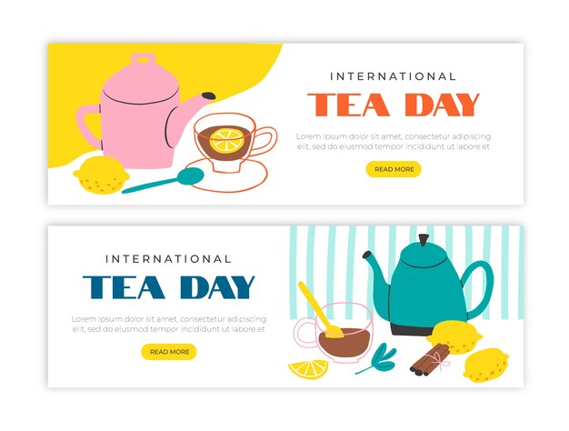 Flat international tea day horizontal banners pack