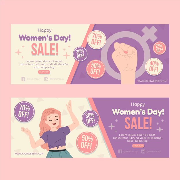 Flat international women's day horizontal sale banners set