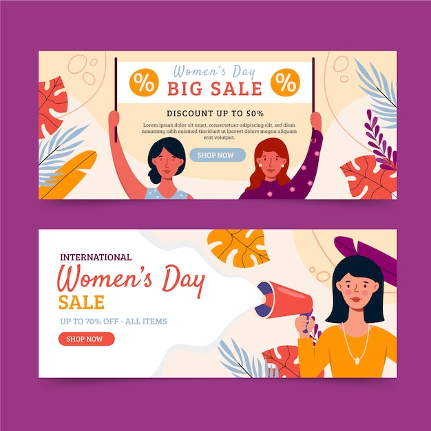 Flat international women's day sale horizontal banners set