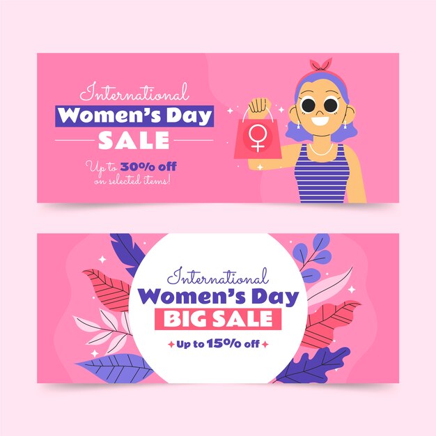 Flat international women's day sale horizontal banners set